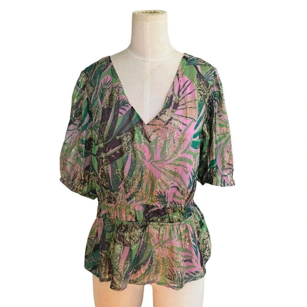 OLIVER BONAS Tropical Jacquard Metallic Blouse Sz 6 - Picture 7 of 8